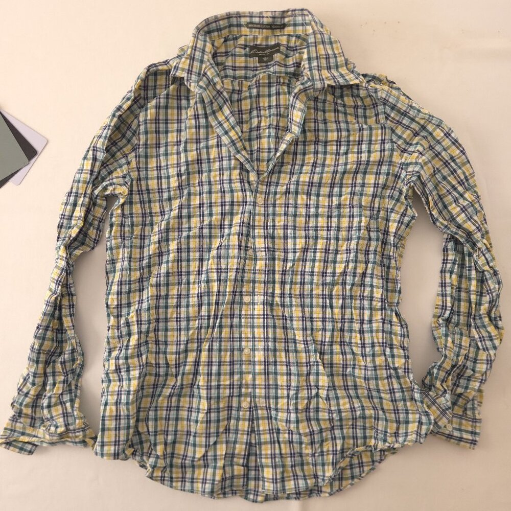 Eddie Bauer Yellow Blue Plaid Cotton Classic Fit Shirt XL